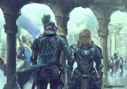  1girl armor blonde_hair blue_eyes breastplate closed_mouth copyright_request faulds flower full_armor gauntlets greaves hair_flower hair_ornament helmet looking_at_viewer pauldrons solo_focus tomono_rui watermark 