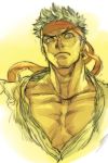  1boy closed_mouth commentary_request grey_eyes grey_hair hankuri headband limited_palette looking_at_viewer male_focus muscle open_clothes open_shirt ryuu_(street_fighter) solo street_fighter upper_body yellow_background 