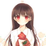  1girl ascot atobesakunolove blush brown_hair character_name closed_mouth collared_shirt eyebrows_visible_through_hair fingernails flower highres holding holding_flower ib ib_(ib) long_hair long_sleeves looking_at_viewer red_eyes red_flower red_neckwear red_rose rose shirt smile solo upper_body white_background white_shirt wing_collar 