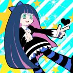  1girl animal_ears artist_request blue_hair blue_legwear blue_nails cat_ears gothic green_eyes long_hair looking_to_the_side nail_polish official_style panty_&amp;_stocking_with_garterbelt pointing_finger pointing_to_the_side star stocking_(psg) tagme thigh-highs 