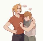 2boys alphonse_elric blonde_hair brothers commentary edward_elric fullmetal_alchemist grey_shirt hand_on_hip image_sample long_hair looking_at_viewer lowres male_focus multiple_boys one_eye_closed orange_shirt pants ponytail shirt short_hair siblings simple_background sleeveless smile speech_bubble standing tumblr_sample upper_body white_background 