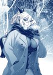  1girl artoria_pendragon_(all) artoria_pendragon_(lancer_alter) braid breasts coat crown eyebrows_visible_through_hair fate/grand_order fate_(series) highres horns ishida_akira large_breasts long_hair long_sleeves looking_at_viewer monochrome outdoors parted_lips scarf snow snowing solo 