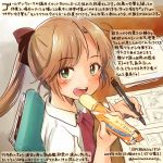  1girl :d akigumo_(kantai_collection) brown_hair colored_pencil_(medium) commentary_request dated food green_eyes holding holding_food holding_pen kantai_collection kirisawa_juuzou long_hair numbered open_mouth pen ponytail shirt sitting smile solo traditional_media translation_request twitter_username white_shirt 