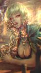  1girl blonde_hair blurry blurry_foreground breasts chin_rest chromatic_aberration cigarette cleavage commentary_request cyborg depth_of_field highres jewelry kaburagi_yasutaka lighter looking_at_viewer mechanical_arm necklace original parted_lips prosthesis prosthetic_arm short_hair solo 