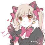  1girl animal_ears atobesakunolove black_cat_d.va black_gloves blonde_hair blush bow cat_ears character_name closed_mouth earrings eyebrows_visible_through_hair gloves green_eyes hair_bow hand_up heart heart_earrings jewelry long_hair looking_at_viewer mercy_(overwatch) overwatch pink_bow puffy_short_sleeves puffy_sleeves short_sleeves signature simple_background smile solo twintails white_background 