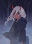  1girl absurdres ashi931225 black_robe book darling_in_the_franxx forest green_eyes hair_between_eyes highres holding holding_book horns long_hair long_sleeves looking_at_viewer nature red_skin robe silver_hair snow snowing solo spoilers standing wind winter younger zero_two_(darling_in_the_franxx) 