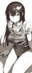  1girl breasts copyright_request highres hips large_breasts lolicept long_hair looking_at_viewer monochrome school_swimsuit shirt sitting swimsuit thighs waist wet wet_clothes wet_shirt wet_t-shirt 