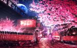  blue_moon cherry_blossoms fence highres kyoto landscape moon night no_humans original scenery smile_(qd4nsvik) tree 