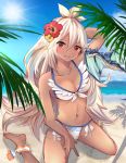  1girl absurdres ahoge ankle_garter arm_up artist_request bangs bare_shoulders beach bikini blue_sky blush breasts cleavage collarbone dark_skin dragon eyebrows_visible_through_hair flower front-tie_bikini front-tie_top granblue_fantasy hair_between_eyes hair_flower hair_ornament hibiscus highres hips long_hair looking_at_viewer medium_breasts navel ocean outdoors red_eyes sitting sky smile solo sunlight swimsuit the_order_grande thighs wariza white_bikini white_hair 