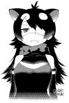  1girl animal_ears artist_name australian_devil_(kemono_friends) bare_shoulders black_hair bow bowtie commentary_request dated detached_sleeves eyepatch fang greyscale kemono_friends long_hair looking_at_viewer medical_eyepatch monochrome signature simple_background solo upper_body yoshida_hideyuki 