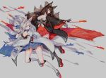  2girls aiguillette akagi_(azur_lane) animal_ears azur_lane bangs black_gloves black_legwear blue_eyes blue_skirt blunt_bangs blush bob_cut breasts brown_hair cleavage eyebrows_visible_through_hair flight_deck floating_hair fox_ears fox_tail gloves grey_background hair_between_eyes hair_ribbon head_tilt highres holding japanese_clothes kaga_(azur_lane) kneehighs large_breasts long_hair looking_afar looking_at_viewer mask multiple_girls multiple_tails onmyouji outstretched_hand parted_lips partly_fingerless_gloves pleated_skirt red_eyes red_skirt ribbon rigging rudder_shoes saimon_ma shikigami short_hair sidelocks simple_background skirt smile tail tassel thigh-highs thighs tress_ribbon white_hair white_legwear wide_sleeves wind wind_lift wristband 