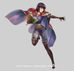  1girl black_hair book boots bracelet brown_eyes cape company_name cuboon fire_emblem fire_emblem:_thracia_776 fire_emblem_heroes full_body gloves grey_background jewelry necklace official_art olwen_(fire_emblem) simple_background solo 