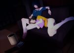  2girls barefoot cellphone choker closed_eyes coffee_mug couch cup curly_hair hand_on_another&#039;s_head highres jewelry kawakami_sadayo lap_pillow mug multiple_girls necklace panties persona persona_5 perspective phone sleeping sleeping_on_person smile socks sticky_(stickysheep) studded_choker table takemi_tae undershirt underwear 