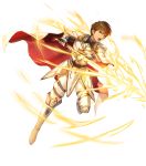  1boy armor bangs boots brown_eyes brown_hair cape eyebrows_visible_through_hair fingerless_gloves fire_emblem fire_emblem:_thracia_776 fire_emblem_heroes full_body gauntlets gloves highres holding holding_sword holding_weapon leaf_(fire_emblem) official_art one_leg_raised open_mouth pants short_hair shoulder_armor solo sword transparent_background weapon white_footwear 