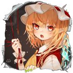  1girl ascot blonde_hair commentary_request fingernails flandre_scarlet frilled_shirt_collar frills gotoh510 grabbing grey_background hand_up hat looking_at_viewer mob_cap nail_polish open_mouth pointy_ears puffy_short_sleeves puffy_sleeves red_eyes red_nails red_string short_hair short_sleeves simple_background solo string touhou upper_body white_background wrist_cuffs yellow_neckwear 