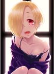  1girl backlighting bare_shoulders bared_teeth blonde_hair breasts camisole cleavage collarbone ear_piercing earrings hair_over_one_eye highres idolmaster idolmaster_cinderella_girls itsuki_jun jewelry looking_at_viewer medium_breasts off-shoulder_shirt open_mouth piercing purple_shirt red_eyes shirasaka_koume shirt short_hair solo strap_slip teeth upper_body window 