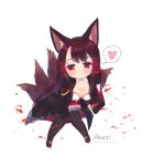  1girl akagi_(azur_lane) animal_ears azur_lane bangs black_gloves black_kimono black_legwear blush breasts brown_hair character_name chibi cleavage collarbone commentary_request eyebrows_visible_through_hair foreign_blue fox_ears fox_girl fox_tail gloves hair_ornament heart holding japanese_clothes kimono korean_commentary kyuubi large_breasts long_hair long_sleeves looking_at_viewer multiple_tails open_clothes open_kimono parted_lips pleated_skirt red_eyes red_footwear red_skirt simple_background sitting skirt solo spoken_heart tail thigh-highs very_long_hair watermark web_address white_background wide_sleeves 