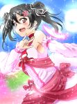  1girl :d \m/ black_hair blush bokutachi_wa_hitotsu_no_hikari choker detached_sleeves dress feathers flower frilled_sleeves frills glowing_feather hair_flower hair_ornament hair_ribbon looking_at_viewer love_live! love_live!_school_idol_project open_mouth pink_dress pink_feathers red_choker red_eyes ribbon sash shogo_(4274732) smile solo sparkle striped_neckwear twintails yazawa_nico 