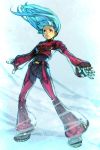  1girl blue_background blue_hair breasts commentary_request copyright_request floating_hair gloves hankuri jacket kula_diamond legs_apart long_sleeves medium_breasts pants parted_lips red_eyes red_jacket red_pants solo standing the_king_of_fighters 