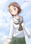  1girl bangs black_neckwear blouse brown_eyes brown_hair closed_mouth clouds cloudy_sky commentary day girls_und_panzer green_skirt long_sleeves looking_to_the_side miniskirt nakasawa_kei neckerchief ooarai_school_uniform outdoors parted_bangs pleated_skirt sawa_azusa school_uniform serafuku short_hair skirt sky smile solo squatting twitter_username upper_body white_blouse 