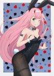  1girl animal_ears black_legwear breasts bunnysuit cleavage darling_in_the_franxx eyebrows_visible_through_hair green_eyes highres horns horns_through_headwear long_hair looking_at_viewer one_eye_closed pantyhose pink_hair rabbit_ears smile uneg wrist_cuffs zero_two_(darling_in_the_franxx) 