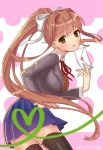  1girl :d artist_name bangs black_legwear blazer blue_skirt blush bow breasts brown_hair commentary cowboy_shot doki_doki_literature_club envelope eyebrows_visible_through_hair green_eyes grey_jacket grin hair_bow hair_intakes heart holding_letter jacket letter long_hair long_sleeves looking_at_viewer love_letter monika_(doki_doki_literature_club) monotsuki neck_ribbon open_mouth parted_lips pink_background pleated_skirt polka_dot polka_dot_background ponytail red_neckwear red_ribbon ribbon school_uniform shiny shiny_hair shirt signature simple_background skirt smile solo standing teeth thigh-highs vest white_shirt 