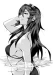  1girl bikini breasts cute dripping fire_emblem fire_emblem:_kakusei fire_emblem_heroes from_side greyscale hair_between_eyes hand_in_hair in_water intelligent_systems long_hair looking_up lucina medium_breasts messatsu_tan monochrome nintendo partially_submerged relaxing sideboob solo swimming swimsuit tiara water wet 