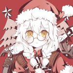  1girl :&lt; ahoge atobesakunolove bell blonde_hair blush braid chinese_commentary christmas christmas_tree closed_mouth commentary_request copyright_request eyebrows_visible_through_hair fur_trim glasses hair_bell hair_ornament hammer hat holding looking_at_viewer red_hat santa_costume santa_hat solo tearing_up tears twin_braids yellow_eyes 