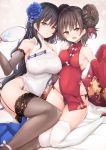 2girls :d bare_shoulders bed_sheet black_hair black_legwear black_panties black_ribbon blush breasts brown_eyes brown_hair china_dress chinese_clothes collarbone detached_sleeves double_bun dress eyebrows_visible_through_hair fan feet_out_of_frame flower frilled_sleeves frills garter_straps girls_frontline hair_flower hair_ornament hair_ribbon head_tilt highres holding holding_fan large_breasts long_hair long_sleeves looking_at_viewer multiple_girls neneru open_mouth panties paper_fan parted_lips pelvic_curtain qbz-95_(girls_frontline) qbz-97_(girls_frontline) red_dress red_ribbon revision ribbon side-tie_panties sideboob sitting small_breasts smile tareme thigh-highs thighs uchiwa underwear very_long_hair white_dress white_legwear wide_sleeves 