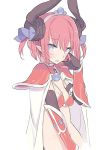  alternate_hair_length alternate_hairstyle armor bangs bikini_armor blade_(galaxist) blue_eyes blue_ribbon blush breasts cape choker commentary_request curled_horns dragon_horns elizabeth_bathory_(brave)_(fate) elizabeth_bathory_(fate)_(all) eyebrows_visible_through_hair fate/grand_order fate_(series) hair_between_eyes hair_ribbon hand_up horns navel oversized_clothes parted_lips pauldrons pink_hair pointy_ears red_choker ribbon short_hair sidelocks small_breasts tiara two_side_up vambraces wavy_mouth white_cape 