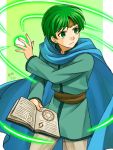  1boy book cape circlet dated green_eyes green_hair male_focus miz_(nnsz2472) shizeru_(tear_ring_saga) solo tear_ring_saga vestaria_saga 
