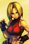  1girl bangs bare_shoulders black_gloves blonde_hair blue_eyes blue_mary breasts commentary_request copyright_request fighting_stance fingerless_gloves gloves hankuri large_breasts light_smile looking_at_viewer midriff navel parted_bangs solo the_king_of_fighters upper_body yellow_background 