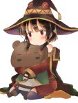  1girl bear black_hair blush cape hat highres kono_subarashii_sekai_ni_shukufuku_wo! megumin red_eyes short_hair solo stuffed_animal stuffed_toy teddy_bear witch_hat yuno_(suke_yuno) 