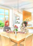  2girls :d bangs black_hair bottle bouquet cactus chair collared_shirt commentary_request cover cover_page cup cupboard dining_room eating flower fork jar jewelry long_hair long_sleeves love_live! love_live!_school_idol_project low-tied_long_hair marimuu mug multiple_girls nishikino_maki open_mouth pendant placemat plant plate potted_plant red_eyes red_scrunchie redhead shirt smile striped striped_shirt table vase violet_eyes window wine_bottle yazawa_nico 