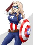  1girl american_flag belt blonde_hair blue_eyes blue_pants brown_gloves captain_america captain_america_(cosplay) cosplay cowboy_shot domino_mask emblem flag_print girls_und_panzer gloves grin hair_intakes highres holding jacket kay_(girls_und_panzer) long_hair long_sleeves looking_at_viewer marvel mask multicolored multicolored_clothes multicolored_jacket pants ringer3727 salute shield smile solo standing star striped two-tone_background utility_belt vertical_stripes 