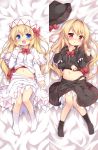  2girls :d :o baku-p bangs bed_sheet black_capelet black_hat black_legwear black_panties black_shirt black_skirt blonde_hair blue_eyes blush bow bow_panties capelet commentary_request dakimakura eyebrows_visible_through_hair hair_between_eyes hand_up hat hat_bow hat_ribbon lily_black lily_white long_hair long_sleeves looking_at_viewer multiple_girls navel no_shoes open_mouth panties parted_lips pink_panties red_bow red_eyes ribbon shirt shirt_lift skirt skirt_pull sleeves_past_wrists smile socks touhou underwear very_long_hair white_capelet white_hat white_legwear white_shirt white_skirt 