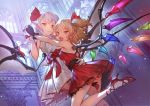  2girls :d bare_arms bare_legs bare_shoulders bat_wings black_gloves blonde_hair blue_eyes bright_pupils closed_mouth commentary_request dress fang flandre_scarlet flower from_side gloves hair_ribbon hand_holding high_heels highres indoors interlocked_fingers lavender_hair looking_at_viewer makai_no_juumin multiple_girls one_side_up open_mouth pointy_ears red_dress red_eyes red_flower red_footwear red_ribbon red_rose remilia_scarlet ribbon rose shoes short_dress short_hair siblings sisters smile touhou v-shaped_eyebrows white_dress white_gloves wings 