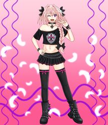  1boy ;d ankle_boots astolfo_(fate) bangs black_bow black_choker black_footwear black_legwear black_shirt black_skirt boots bow bracelet braid chain_belt choker collarbone combat_boots commentary_request contrapposto crop_top fang fate/apocrypha fate_(series) feathers fleur_de_lis full_body greek_cross hair_between_eyes hair_bow hair_intakes hair_over_shoulder hand_on_hip hand_up highres jewelry long_hair looking_at_viewer male_focus miniskirt multicolored_hair navel off-shoulder_shirt off_shoulder one_eye_closed open_mouth pendant pink_background pink_hair pink_ribbon pleated_skirt print_shirt ribbon ribbon-trimmed_legwear ribbon_trim risvu shirt short_sleeves simple_background single_braid skirt smile solo stomach streaked_hair studded_bracelet thigh-highs trap two-tone_hair v violet_eyes white_hair zettai_ryouiki 