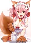  1girl :d all_fours alternate_costume animal_ears apron arm_garter bare_shoulders bell bell_collar blush bow breasts cat_hair_ornament cleavage collar commentary_request eyebrows_visible_through_hair fate/grand_order fate_(series) fox_ears fox_tail frilled_apron frilled_legwear frills gloves gradient gradient_background hair_between_eyes hair_bow hair_ornament hand_up jingle_bell kue large_breasts looking_at_viewer maid_headdress open_mouth paw_gloves paws pink_background pink_hair red_bow red_collar sidelocks single_thighhigh smile solo tail tamamo_(fate)_(all) tamamo_no_mae_(fate) thigh-highs white_apron white_background white_legwear yellow_eyes 