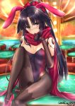  1girl adapted_costume animal_ears bangs black_hair black_legwear blush breasts bunny_girl bunnysuit covered_navel doll_joints fake_animal_ears fate/grand_order fate_(series) high_heels high_ponytail highres katou_danzou_(fate/grand_order) leotard long_hair medium_breasts pantyhose ponytail rabbit_ears red_scarf robot_joints scarf sebire sitting solo strapless strapless_leotard yellow_eyes 