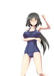  1girl absurdres angry armpits black_hair breast_hold breasts brown_eyes cleavage clenched_hand clenched_teeth embarrassed gluteal_fold highres infinite_stratos kuroda_ariake large_breasts long_hair looking_at_viewer orimura_chifuyu simple_background solo sweatdrop teeth white_background 