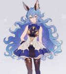  &gt;:o 1girl :o animal_ears bangs bare_arms bare_shoulders blue_hair breasts brown_legwear commentary_request dress erune ferry_(granblue_fantasy) frilled_dress frills gloves granblue_fantasy grey_background hair_between_eyes highres jewelry long_hair looking_at_viewer medium_breasts o-ishi open_mouth rabbit_ears sideboob simple_background single_earring sleeveless sleeveless_dress solo standing thigh-highs very_long_hair wavy_hair yellow_eyes zettai_ryouiki 