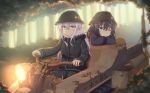  2girls abekawa_mochi akatsuki_(kantai_collection) blue_eyes forest ground_vehicle hat hibiki_(kantai_collection) kantai_collection long_hair looking_at_viewer military military_hat military_uniform motor_vehicle motorcycle multiple_girls nature purple_hair shoujo_shuumatsu_ryokou silver_hair uniform verniy_(kantai_collection) violet_eyes 