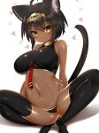  1girl ahoge animal_ears bangs between_breasts black_hair black_legwear black_panties blush breasts brown_eyes cat_ears cat_girl cat_tail commentary_request crop_top dark_skin eyebrows_visible_through_hair hair_between_eyes headband large_breasts looking_at_viewer mofuaki navel no_shoes original panties parted_lips shiny shiny_skin short_eyebrows sidelocks skindentation solo squatting tail thick_eyebrows thigh-highs underwear white_background 