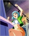  1990s_(style) 1girl arcade arcade_cabinet bracelet cropped_jacket from_below green_jacket hairband indoors jacket jewelry koizumi_hitomi light_blue_hair lowres midriff navel official_art open_mouth orange_skirt playing_games red_eyes short_hair short_sleeves sitting skirt solo video_game yamada_masaki zenkoku_seifuku_bishoujo_grand_prix 