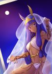  1girl arm_up bangs bare_shoulders breasts closed_mouth commentary_request dark_skin dutch_angle earrings egyptian egyptian_clothes eyebrows_visible_through_hair facial_mark fate/grand_order fate_(series) full_body gogatsu_fukuin hair_between_eyes hairband highres hoop_earrings jackal_ears jewelry looking_at_viewer medium_breasts navel nitocris_(fate/grand_order) purple_hair see-through sidelocks sitting sky smile solo veil violet_eyes 