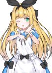  1girl ;o absurdres apron bangs black_bow black_ribbon blonde_hair blue_dress bow chestnut_mouth collared_dress commentary_request dress eyebrows_visible_through_hair green_eyes hair_bow hair_ribbon hand_on_own_chest hashiko_nowoto highres long_hair looking_at_viewer maid_apron mononobe_alice nijisanji one_eye_closed parted_lips puffy_short_sleeves puffy_sleeves ribbon short_sleeves simple_background solo very_long_hair virtual_youtuber white_apron white_background 
