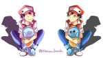  2boys baseball_cap black_eyes black_hair blue_pants collared_shirt creature denim ditto expressionless eye_contact gen_1_pokemon hat jeans looking_at_another multiple_boys nananiwaniwa orange_eyes pants pokemon pokemon_(creature) pokemon_(game) pokemon_rgby red_(pokemon) red_(pokemon)_(classic) shadow shirt shoes short_sleeves signature simple_background sitting smile squirtle symmetrical_pose transformed_ditto white_background 