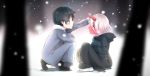 1boy 1girl absurdres black_hair black_robe blush book child coat darling_in_the_franxx forest green_eyes hair_between_eyes hand_on_another&#039;s_head highres hiro_(darling_in_the_franxx) holding holding_book horns kneeling long_hair long_sleeves looking_at_another nature pink_hair realdragon red_skin robe short_hair sitting smile snow snowing spoilers winter winter_clothes winter_coat younger zero_two_(darling_in_the_franxx) 