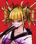  1girl bangs blonde_hair boku_no_hero_academia collarbone eyeliner eyeshadow fan fangs hair_ornament highres ikapnmn2 japanese_clothes kimono lipstick long_eyelashes makeup paper_fan red_background smile smug toga_himiko yellow_eyes 